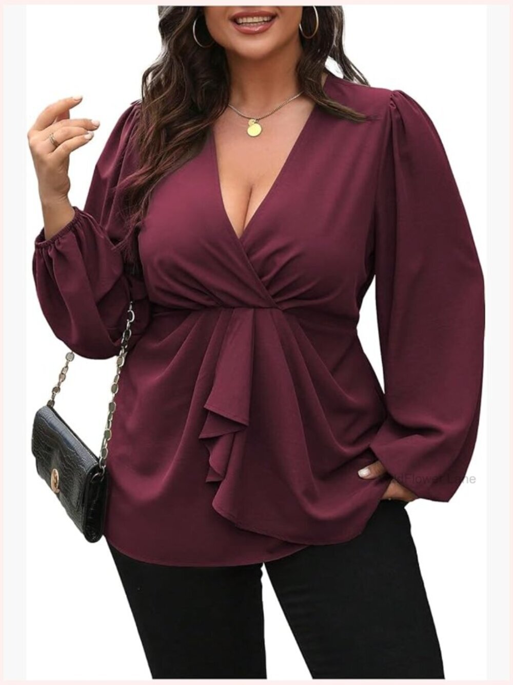 Plus Size Wrap Lantern Sleeve Peplum Blouse V Neck Ruched Top